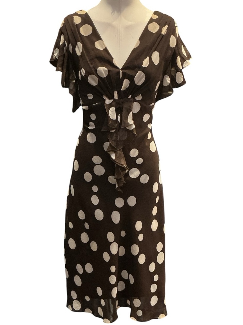 Vintage Y2K MSK Brown Polka Dot Short Sleeve Vneck Midi Dress